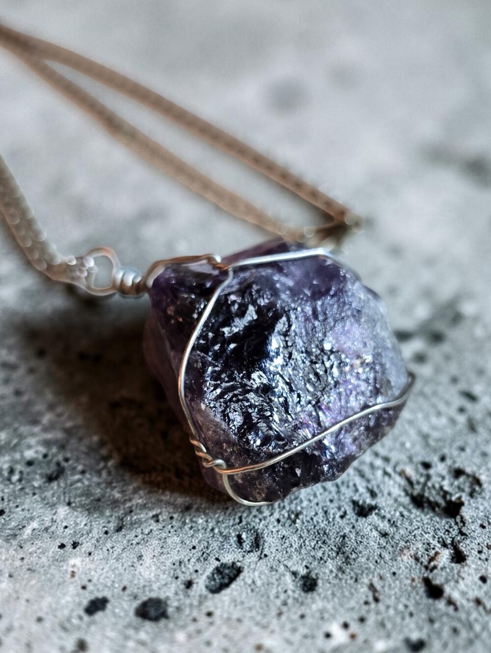 Silver Wire-Wrapped Raw Amethyst Pendant Necklace - Picture 2 of 4